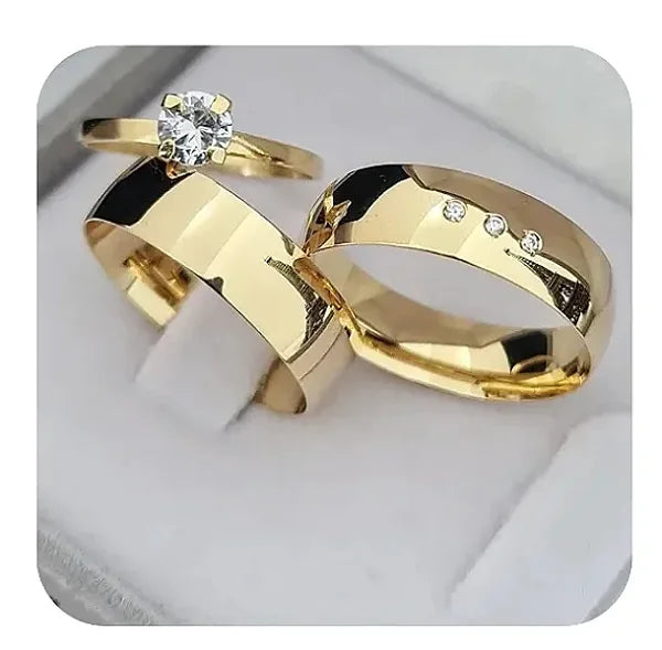 Par de Alianças boleada 7mm c\ 3 cristais + Solitario 💍