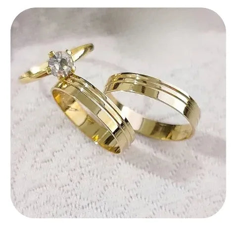 Par de Alianças Reta 6mm 2 Frisos +Solitario de brinde💍